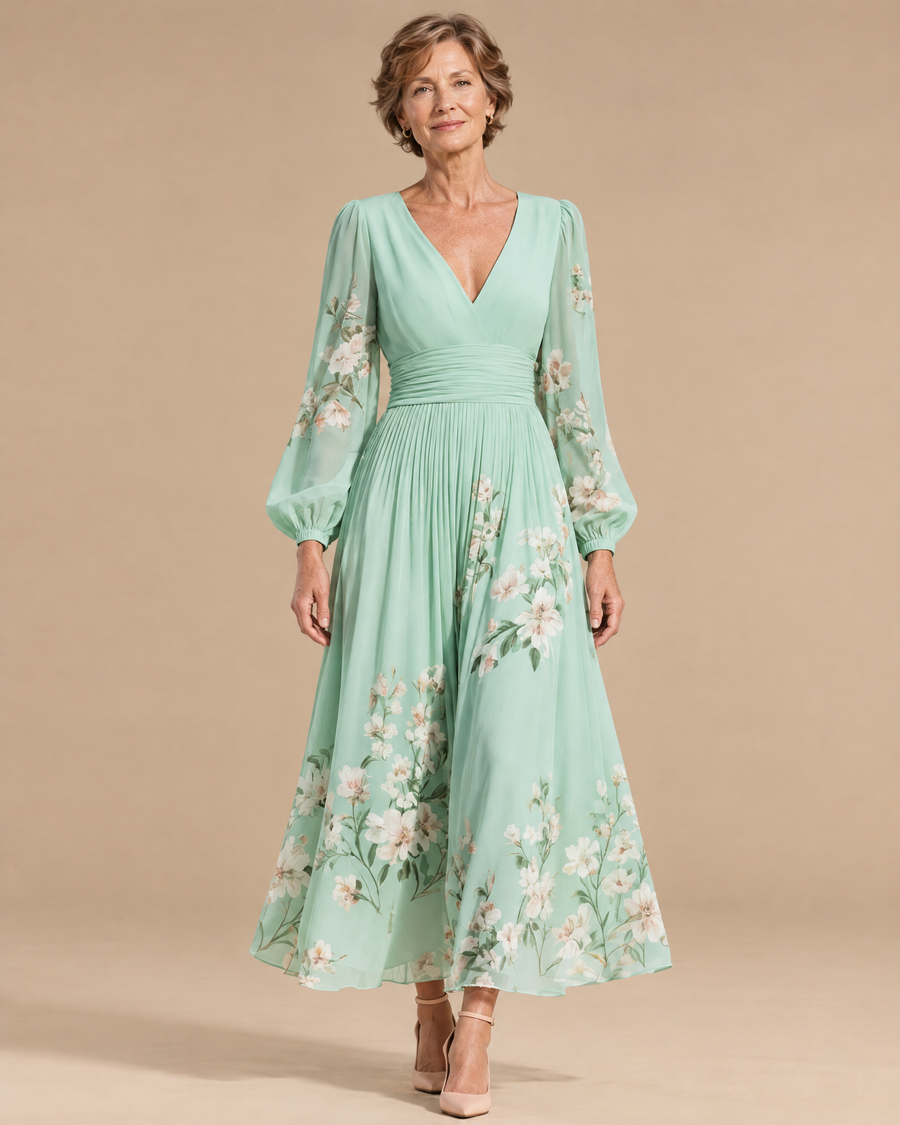 willow flowing floral midi dress in a light beige studio